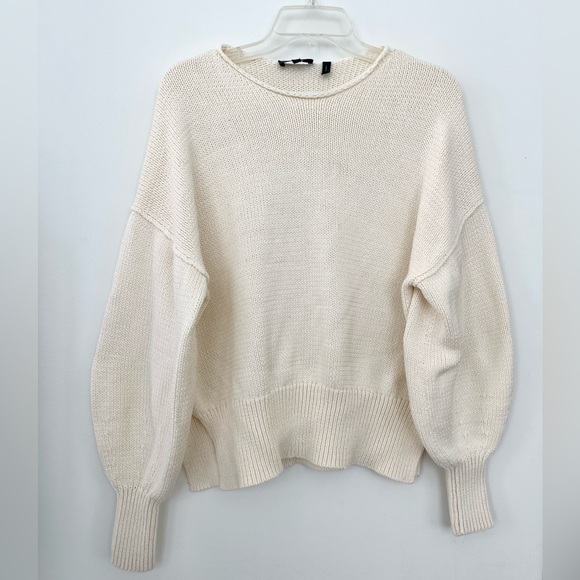 Theory Sweaters - Theory Oversized Cream White Cotton Knit Sweater with Puff Sleeves, Petite